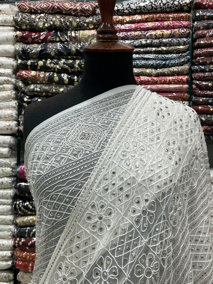Pure China Crinkle Chiffon Saree | R-Mukesh, Thread Aari & Pure White Silver Mukesh Work (7 Gaz)