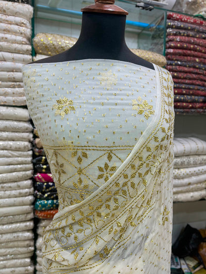 New Arrival Pure China Karinkal Saree with Blouse – Golden Mukesh & Chandi Patti Dana Work (8.5 Gaz Total)