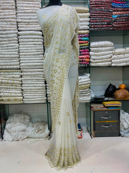 New Arrival Pure China Karinkal Saree with Blouse – Golden Mukesh & Chandi Patti Dana Work (8.5 Gaz Total)