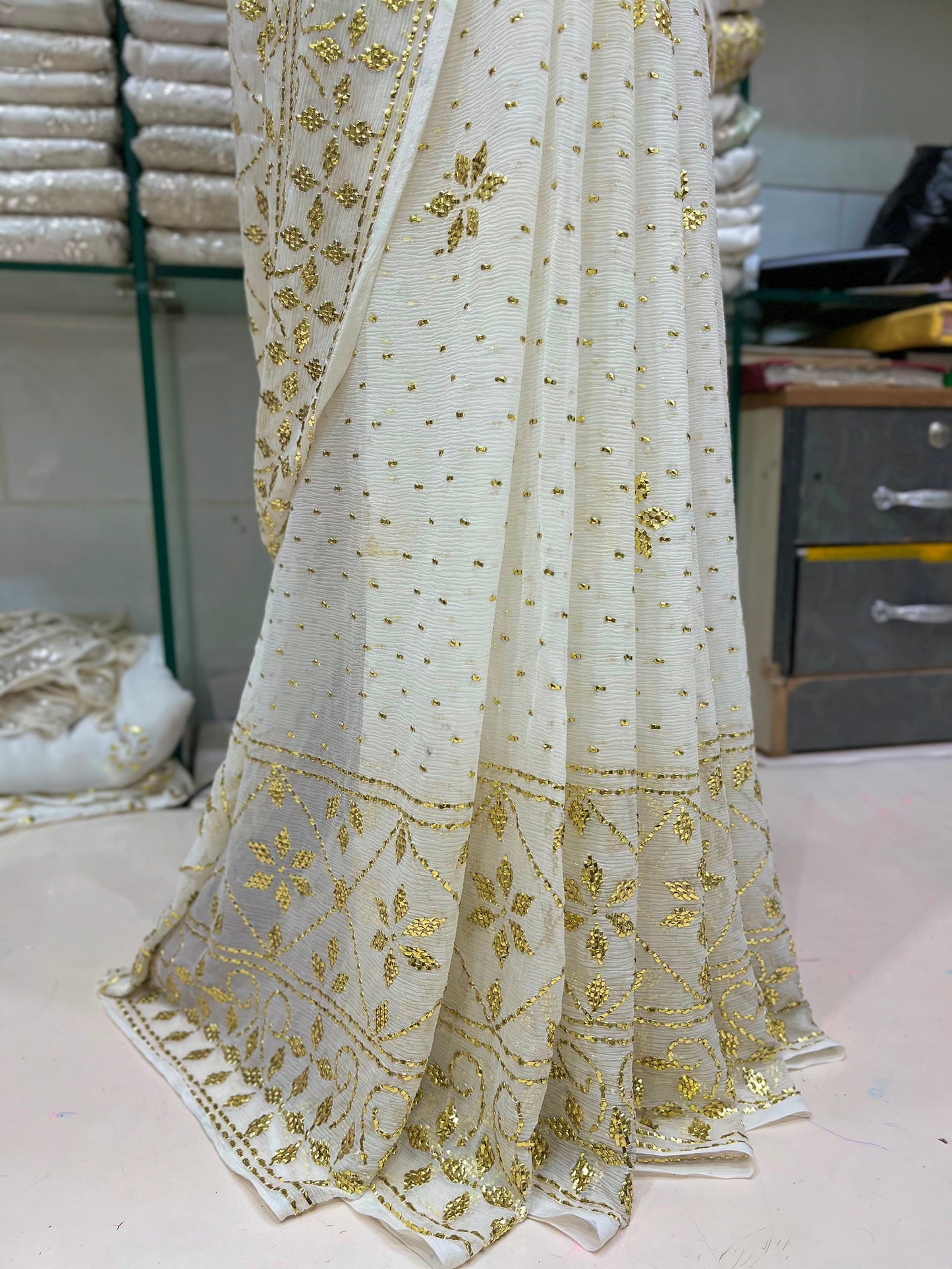 New Arrival Pure China Karinkal Saree with Blouse – Golden Mukesh & Chandi Patti Dana Work (8.5 Gaz Total)