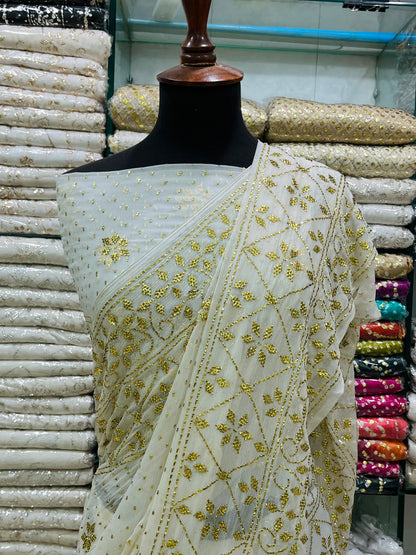 New Arrival Pure China Karinkal Saree with Blouse – Golden Mukesh & Chandi Patti Dana Work (8.5 Gaz Total)