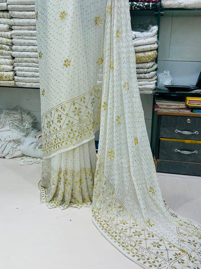 New Arrival Pure China Karinkal Saree with Blouse – Golden Mukesh & Chandi Patti Dana Work (8.5 Gaz Total)
