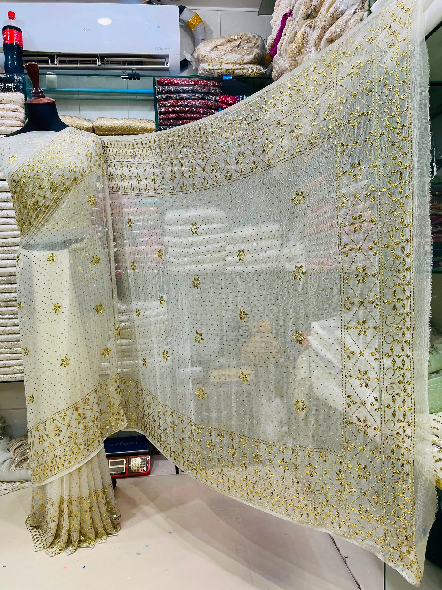 New Arrival Pure China Karinkal Saree with Blouse – Golden Mukesh & Chandi Patti Dana Work (8.5 Gaz Total)