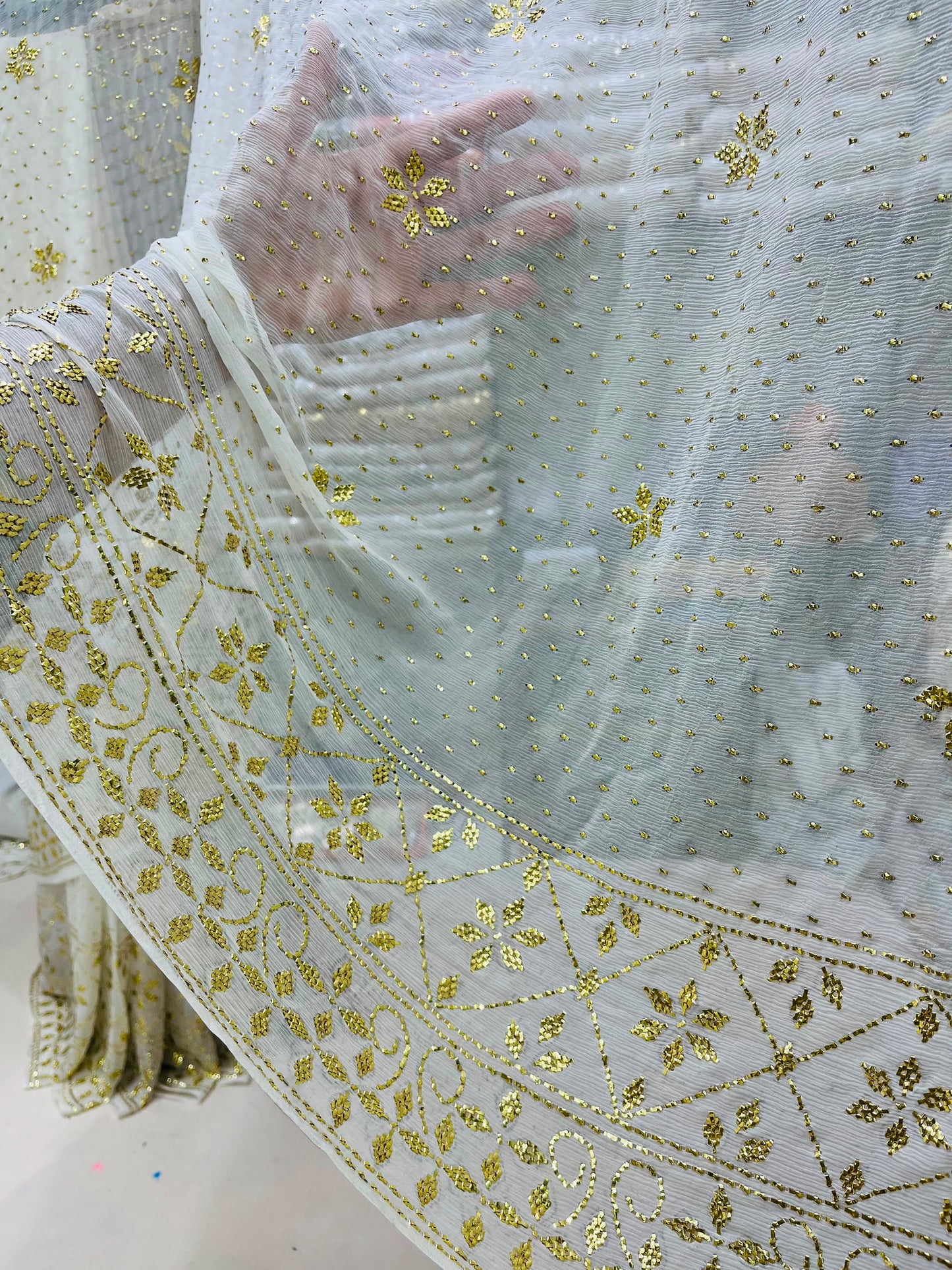 New Arrival Pure China Karinkal Saree with Blouse – Golden Mukesh & Chandi Patti Dana Work (8.5 Gaz Total)