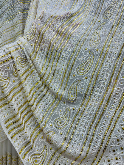 New Arrival Pure China Karinkal Saree – R-Mukesh, Thread Ari & Golden Mukesh Work (7 Gaz Length)