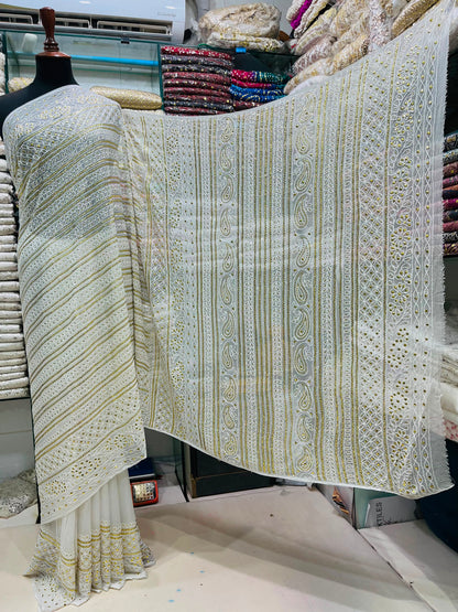 New Arrival Pure China Karinkal Saree – R-Mukesh, Thread Ari & Golden Mukesh Work (7 Gaz Length)