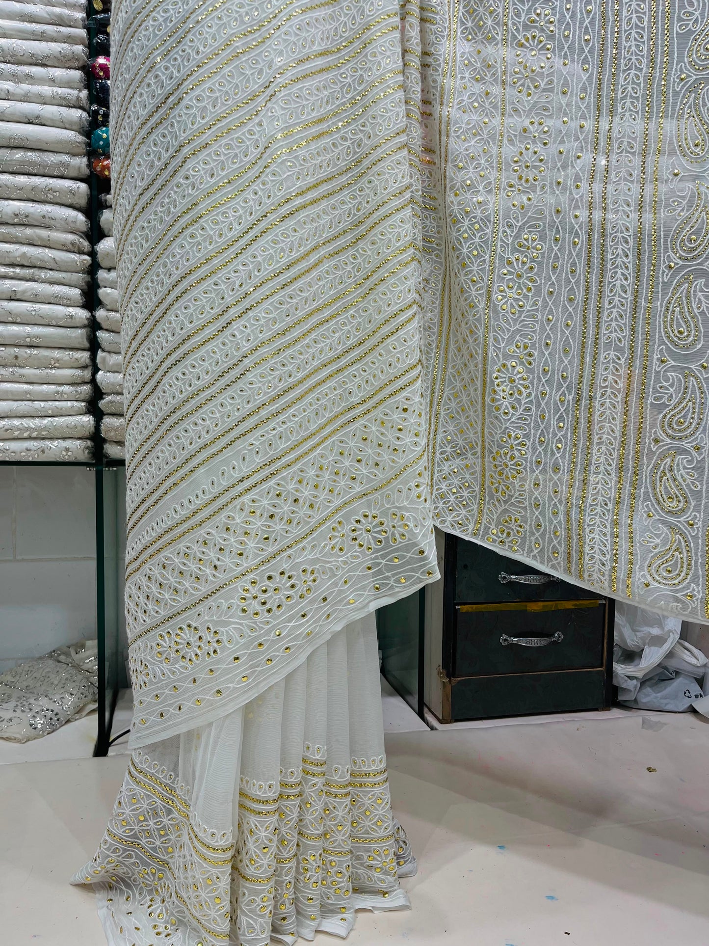 New Arrival Pure China Karinkal Saree – R-Mukesh, Thread Ari & Golden Mukesh Work (7 Gaz Length)