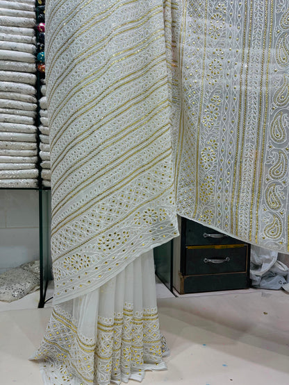New Arrival Pure China Karinkal Saree – R-Mukesh, Thread Ari & Golden Mukesh Work (7 Gaz Length)