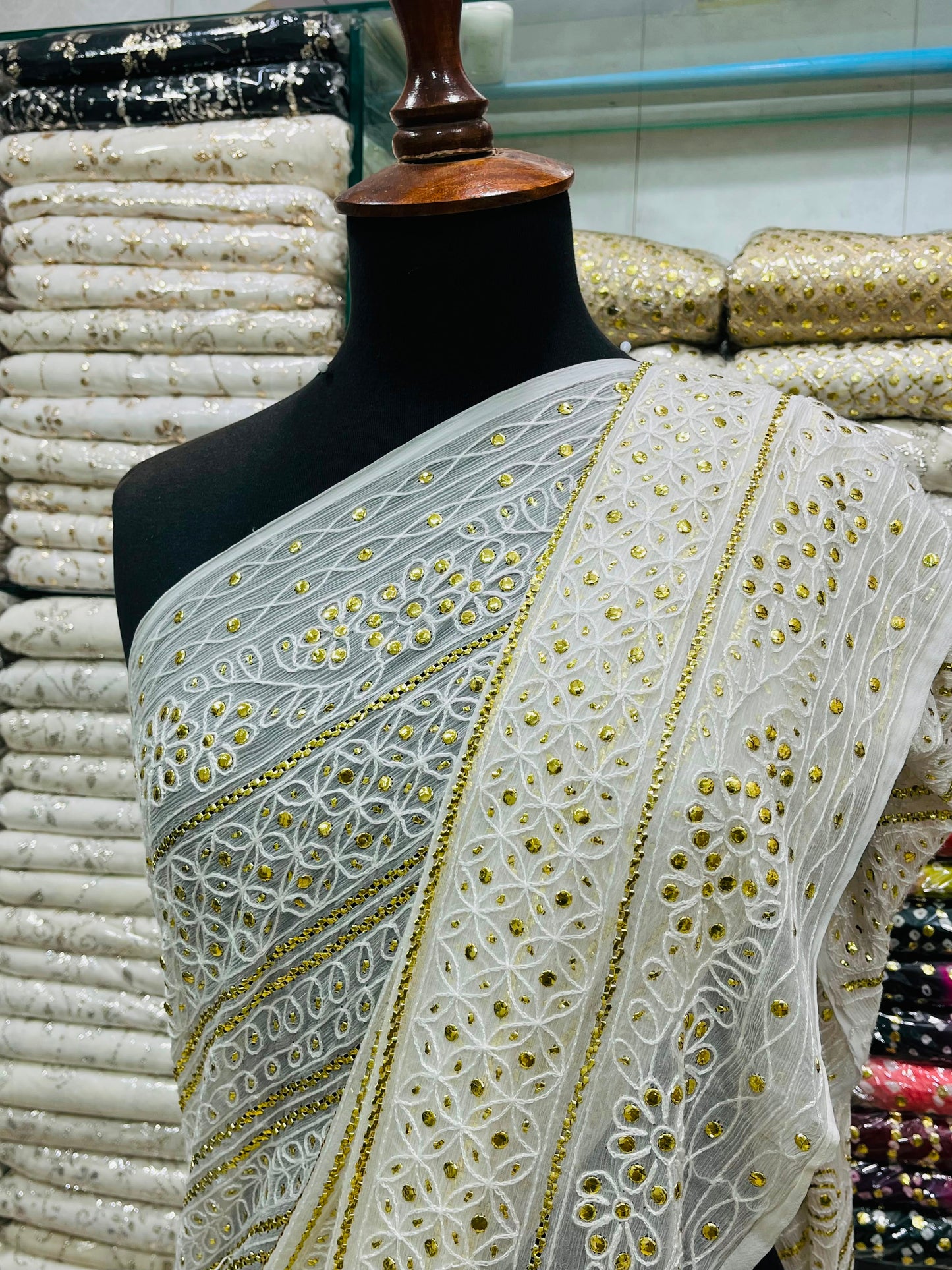 New Arrival Pure China Karinkal Saree – R-Mukesh, Thread Ari & Golden Mukesh Work (7 Gaz Length)