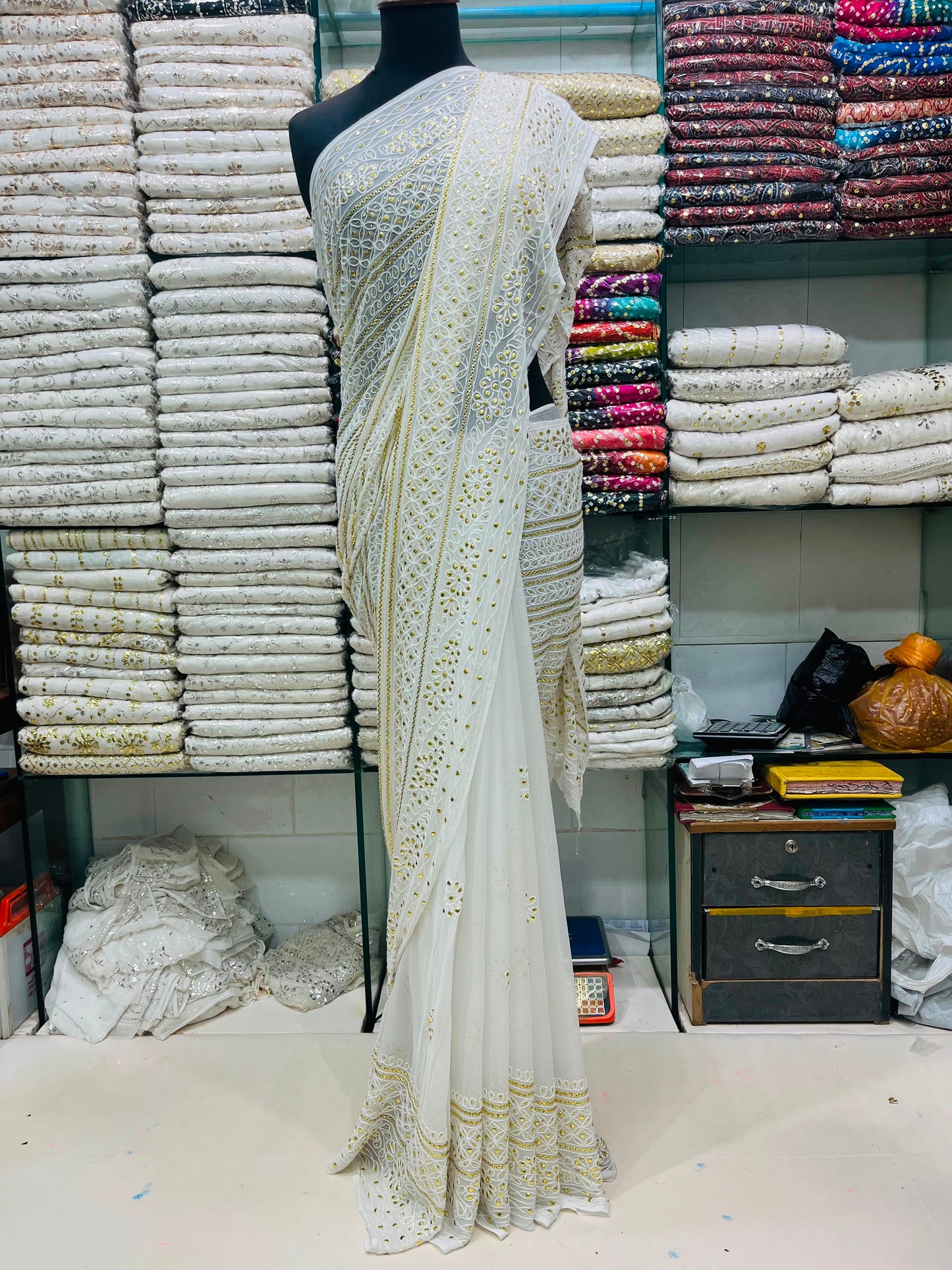 New Arrival Pure China Karinkal Saree – R-Mukesh, Thread Ari & Golden Mukesh Work (7 Gaz Length)