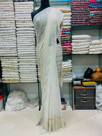 New Arrival Pure China Karinkal Saree – R-Mukesh, Thread Ari & Golden Mukesh Work (7 Gaz Length)