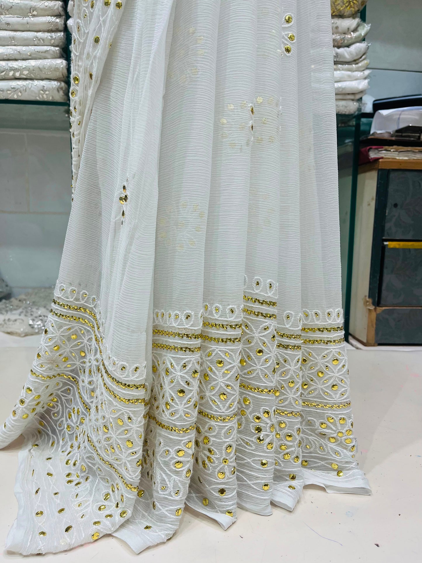 New Arrival Pure China Karinkal Saree – R-Mukesh, Thread Ari & Golden Mukesh Work (7 Gaz Length)