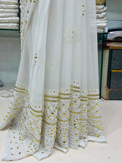 New Arrival Pure China Karinkal Saree – R-Mukesh, Thread Ari & Golden Mukesh Work (7 Gaz Length)