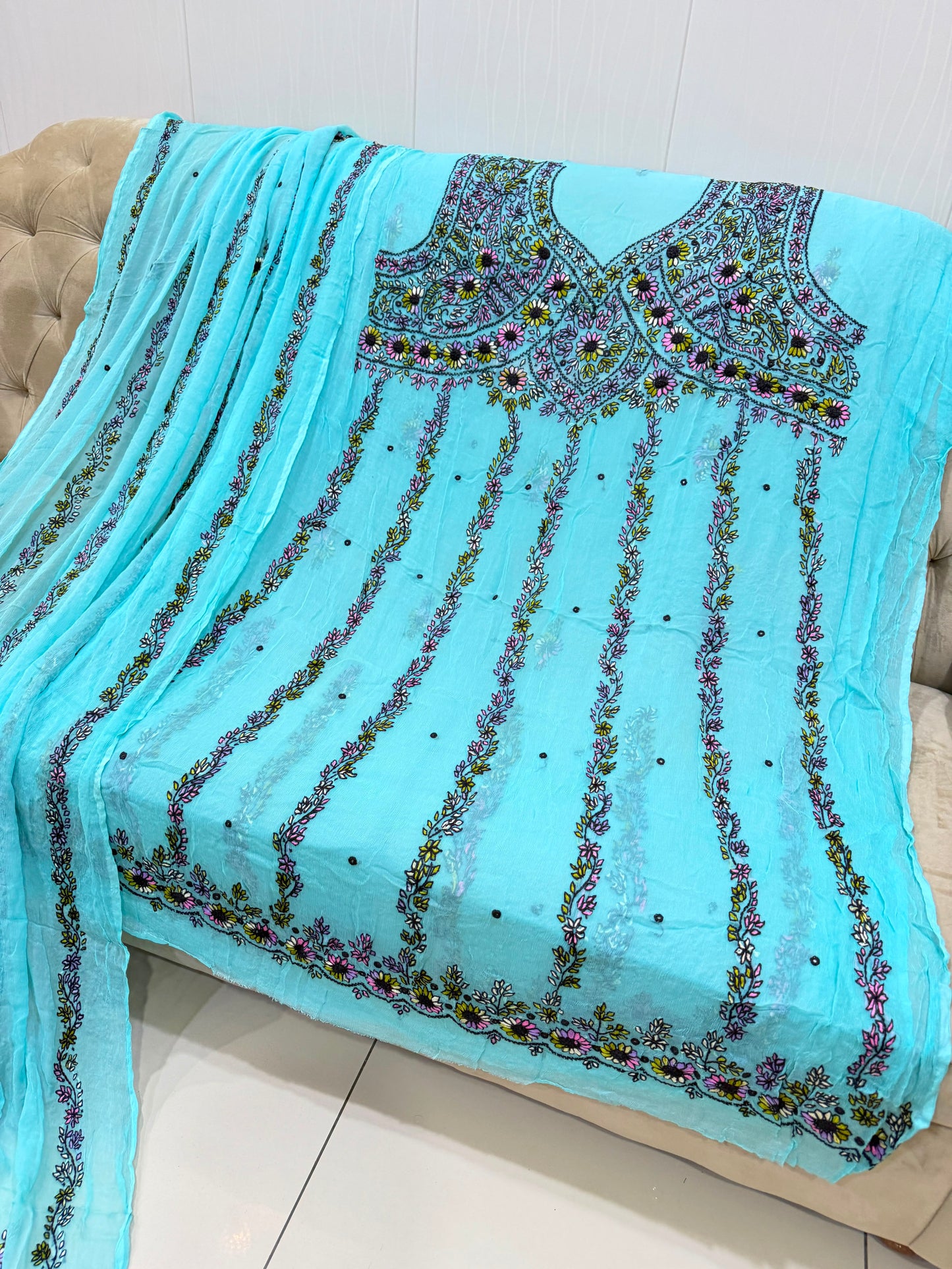 New Arrival Handmade Kashmiri Tanka Frock | Pure China Crinkle Chiffon 2-Piece