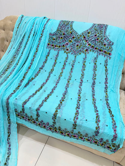 New Arrival Handmade Kashmiri Tanka Frock | Pure China Crinkle Chiffon 2-Piece