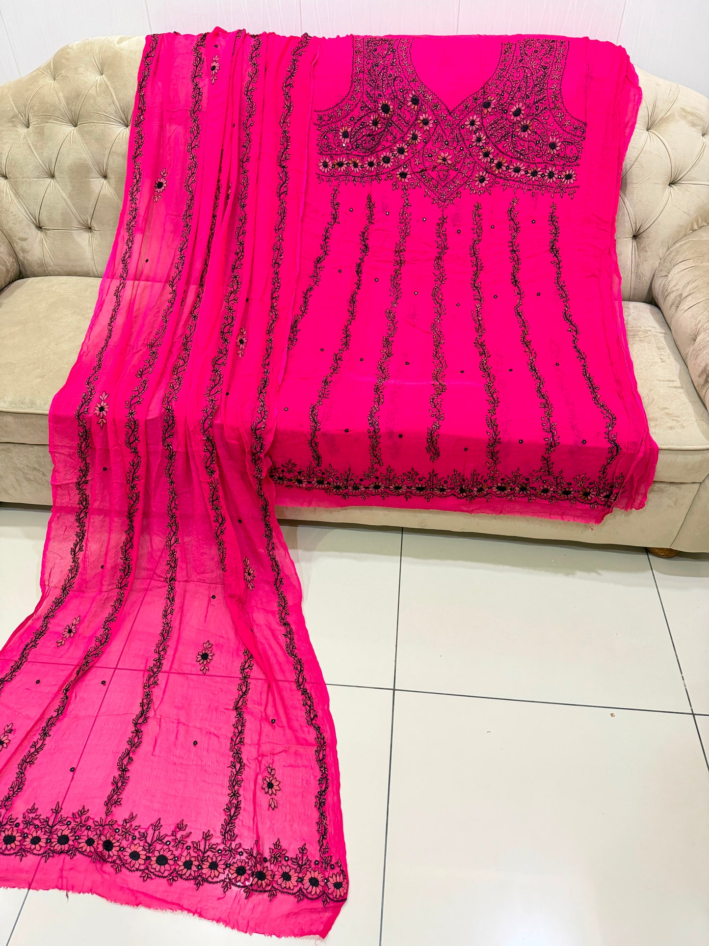 New Arrival Handmade Kashmiri Tanka Frock | Pure China Crinkle Chiffon 2-Piece