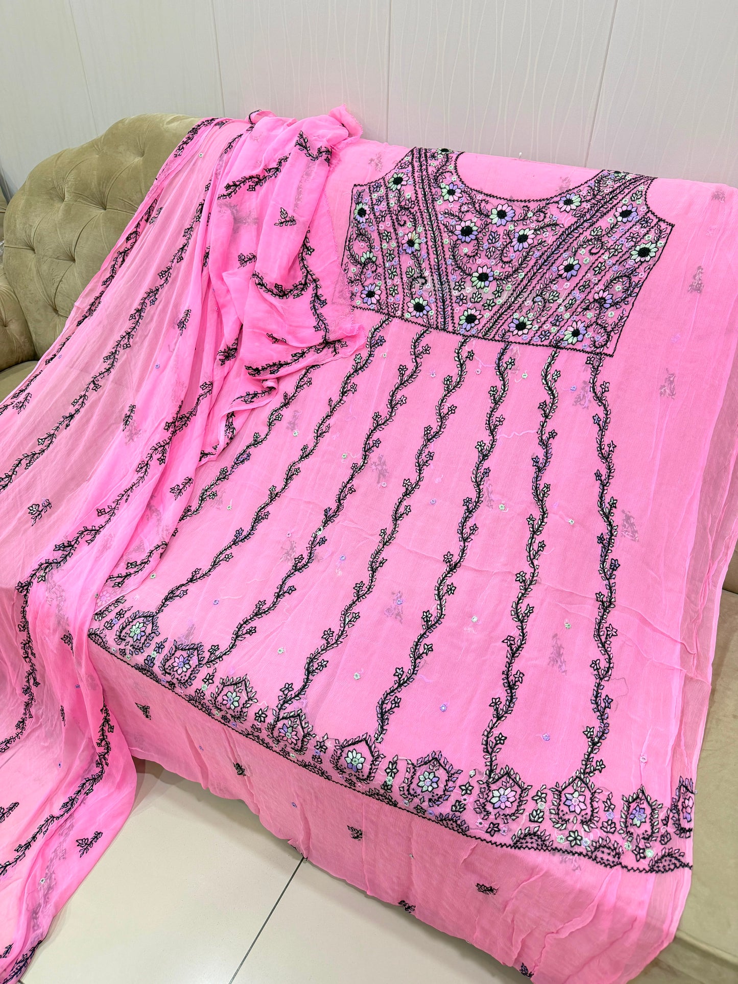New Arrival Handmade Kashmiri Tanka Frock | Pure China Crinkle Chiffon 2-Piece