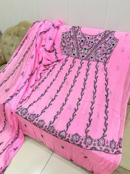 New Arrival Handmade Kashmiri Tanka Frock | Pure China Crinkle Chiffon 2-Piece