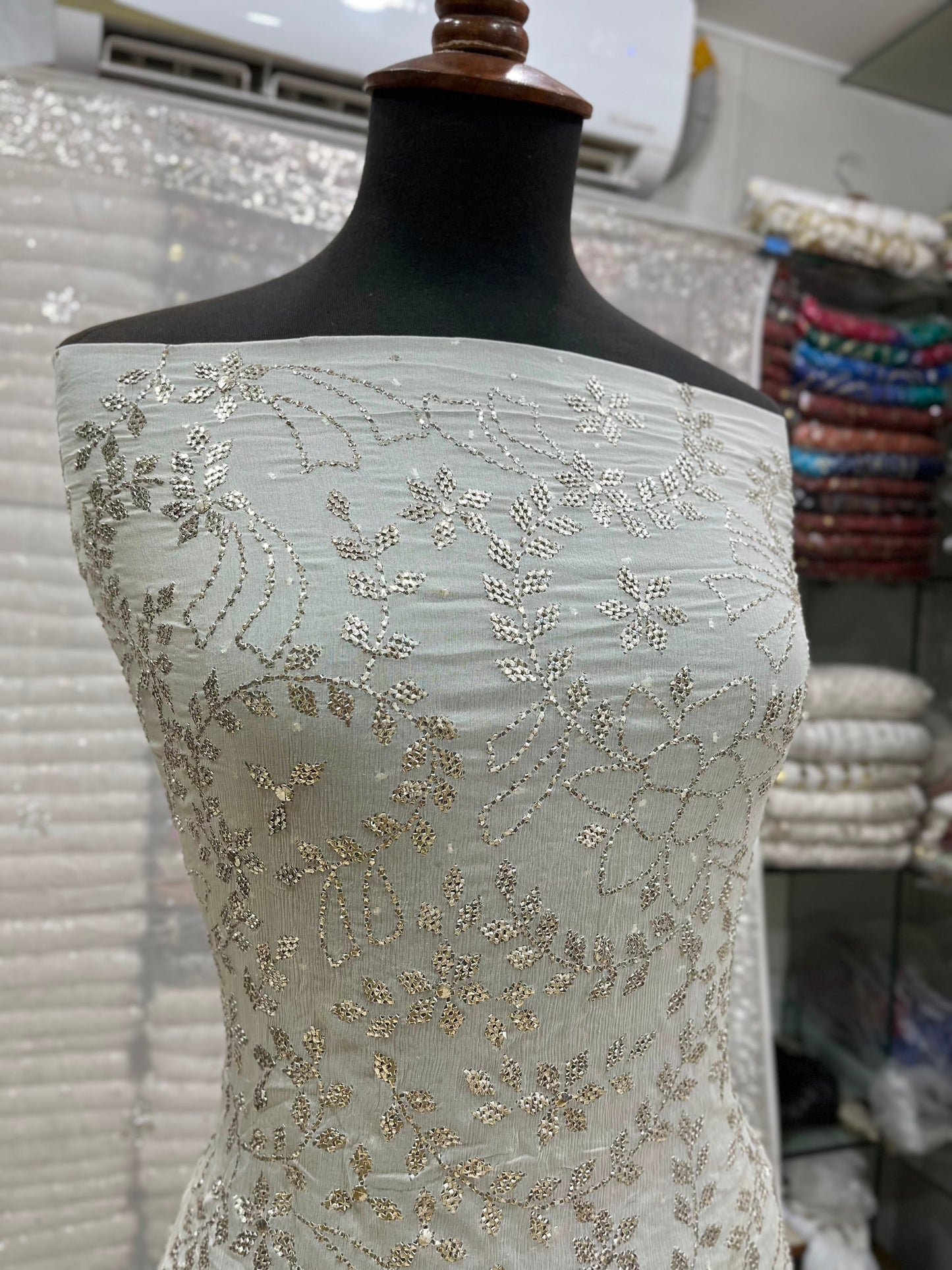 Pure White Silver Mukesh & Chandi Patti Barfi Style Chiffon Suit | Heavy 4-Sided Dupatta