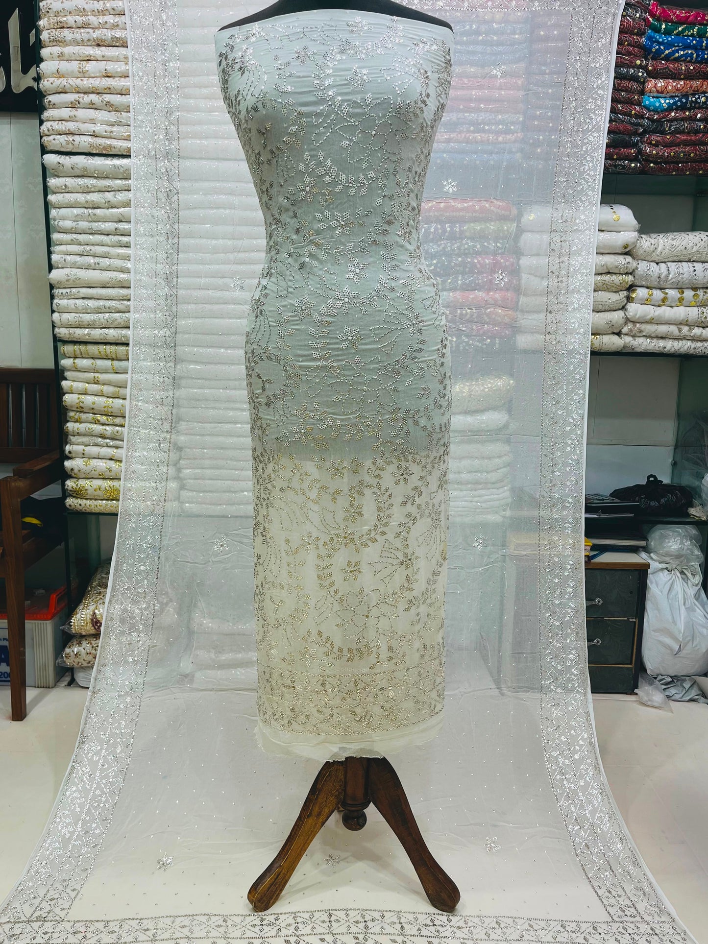 Pure White Silver Mukesh & Chandi Patti Barfi Style Chiffon Suit | Heavy 4-Sided Dupatta
