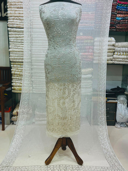 Pure White Silver Mukesh & Chandi Patti Barfi Style Chiffon Suit | Heavy 4-Sided Dupatta