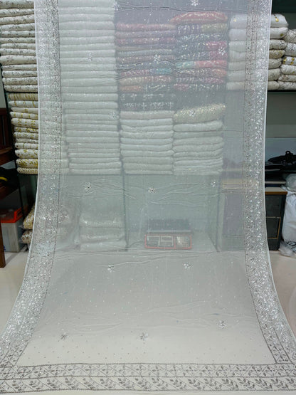 Pure White Silver Mukesh & Chandi Patti Barfi Style Chiffon Suit | Heavy 4-Sided Dupatta