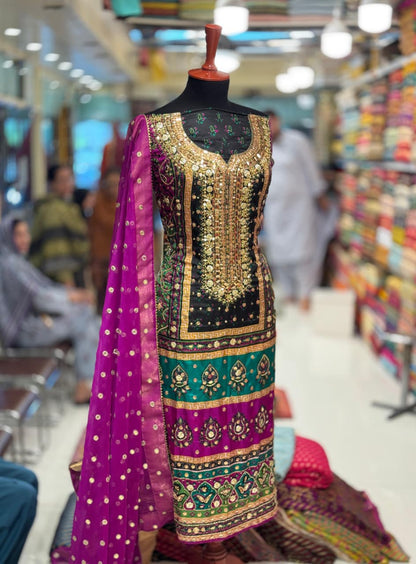 Heavy Embroidered Pure Silk Shirt with Gotta, Mirror & Sequence Work | 3-Piece Unstitched Suit