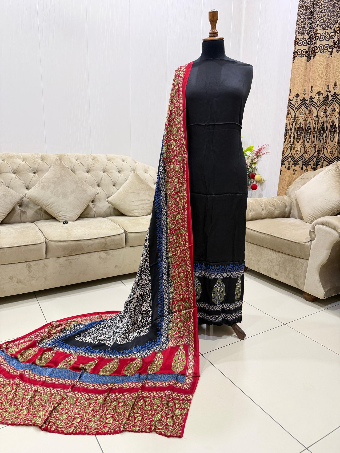 Pure Shamoz Silk Block Print & Chunri Print Wedding Wear Suit | 3-Yards Shirt & Dupatta