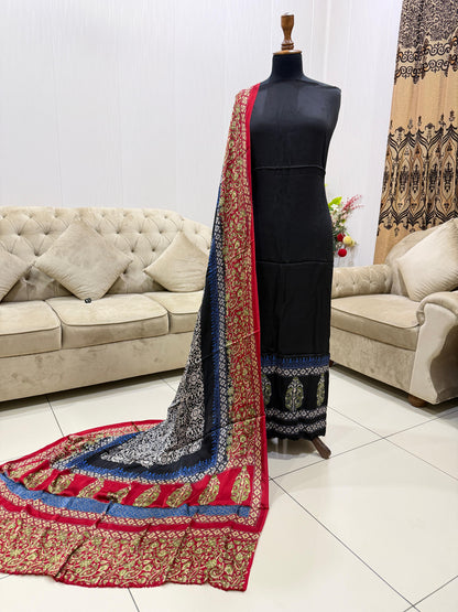 Pure Shamoz Silk Block Print & Chunri Print Wedding Wear Suit | 3-Yards Shirt & Dupatta