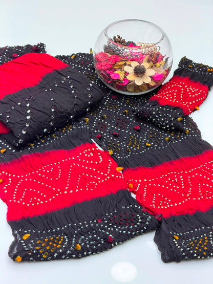 Handmade Rajasthani Chunri Chiffon Shirt & Dupatta with Linen Chunri Trouser | 4-Piece Suit