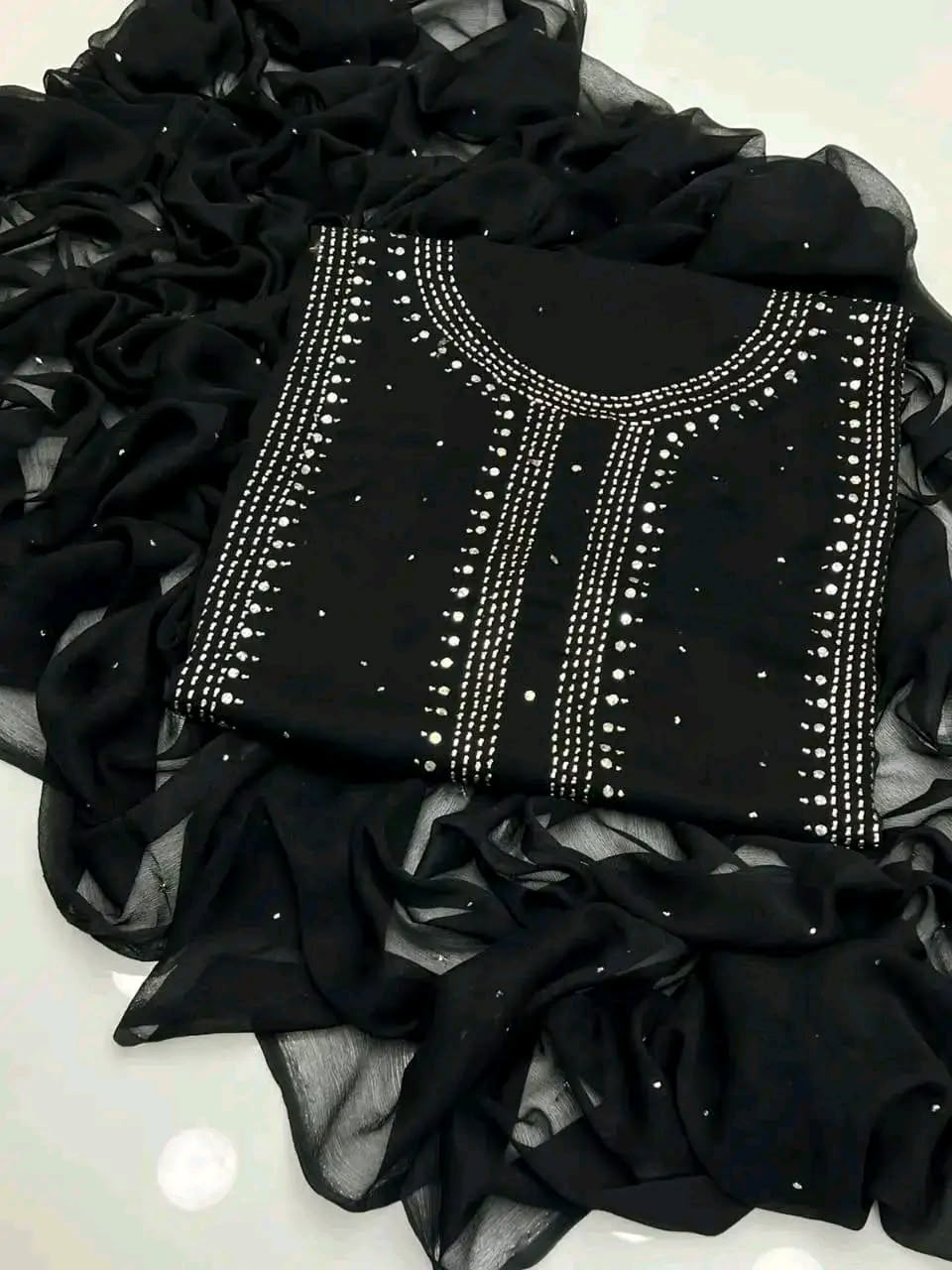 Handmade Mukesh Work Soft Bamber Chiffon Shirt & Dupatta Set | New Arrival