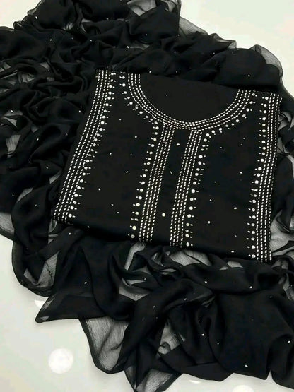 Handmade Mukesh Work Soft Bamber Chiffon Shirt & Dupatta Set | New Arrival