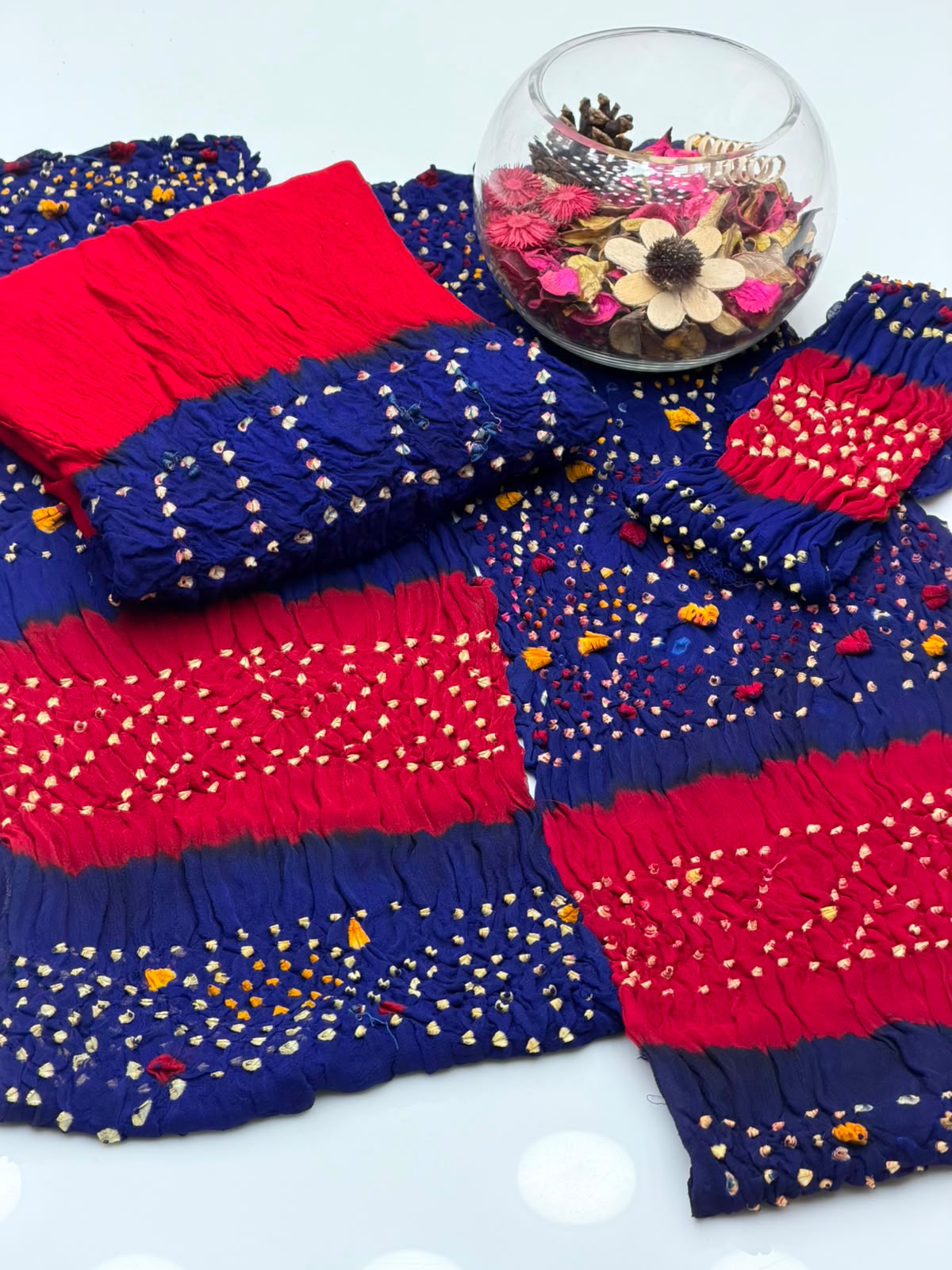 Handmade Rajasthani Chunri Chiffon Shirt & Dupatta with Linen Chunri Trouser | 4-Piece Suit