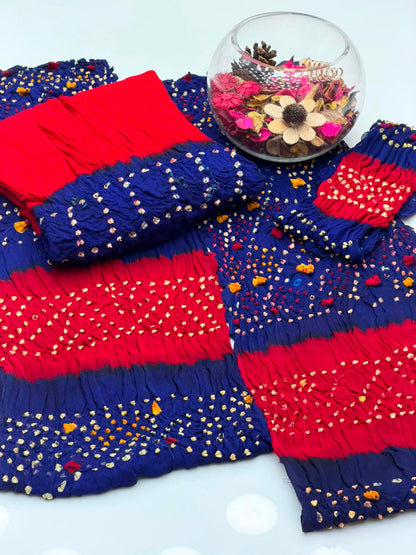 Handmade Rajasthani Chunri Chiffon Shirt & Dupatta with Linen Chunri Trouser | 4-Piece Suit