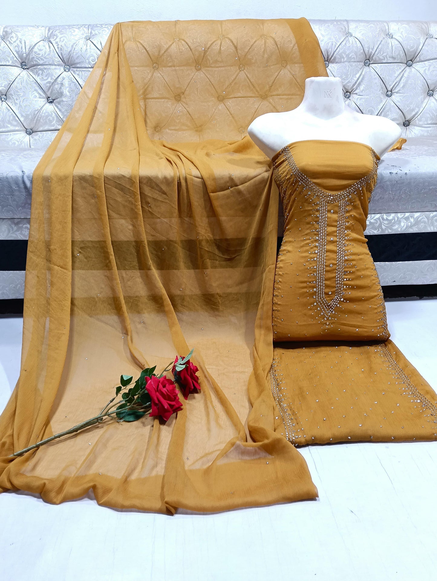 Handmade Mukesh Work Soft Bamber Chiffon Shirt & Dupatta Set | New Arrival