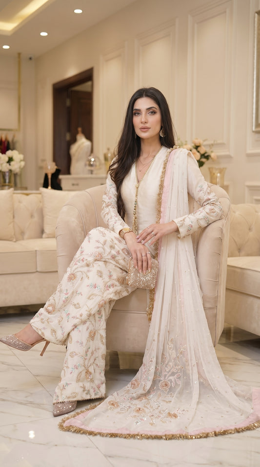 Dyeable Russian Silk Dress | Multicolor Cutdana Work & Medium Silk Dupatta