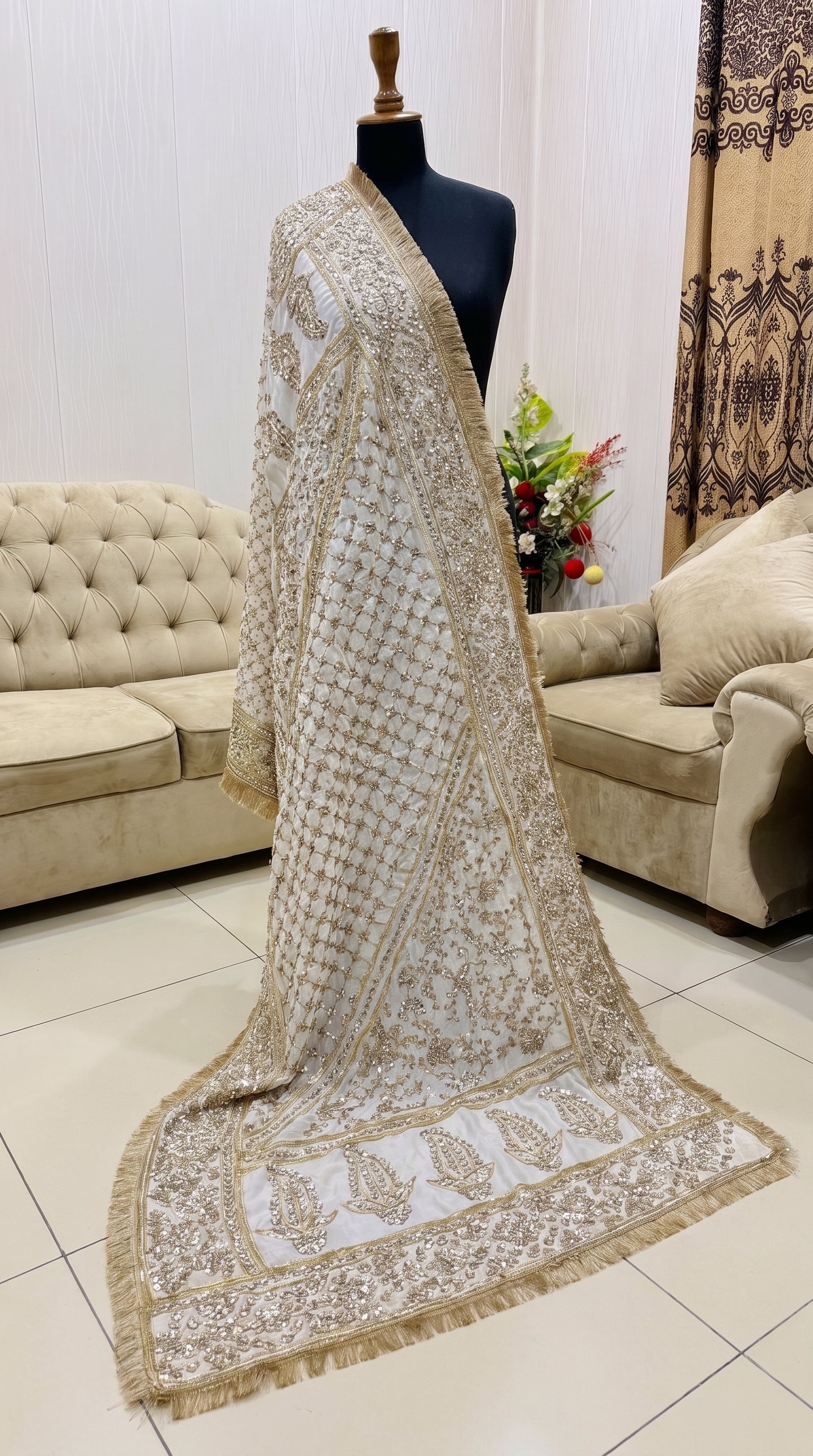 Handcrafted Tamba Tilla & Gotta Jaal Pure Samooz Silk Shawl | Dyeable New Design