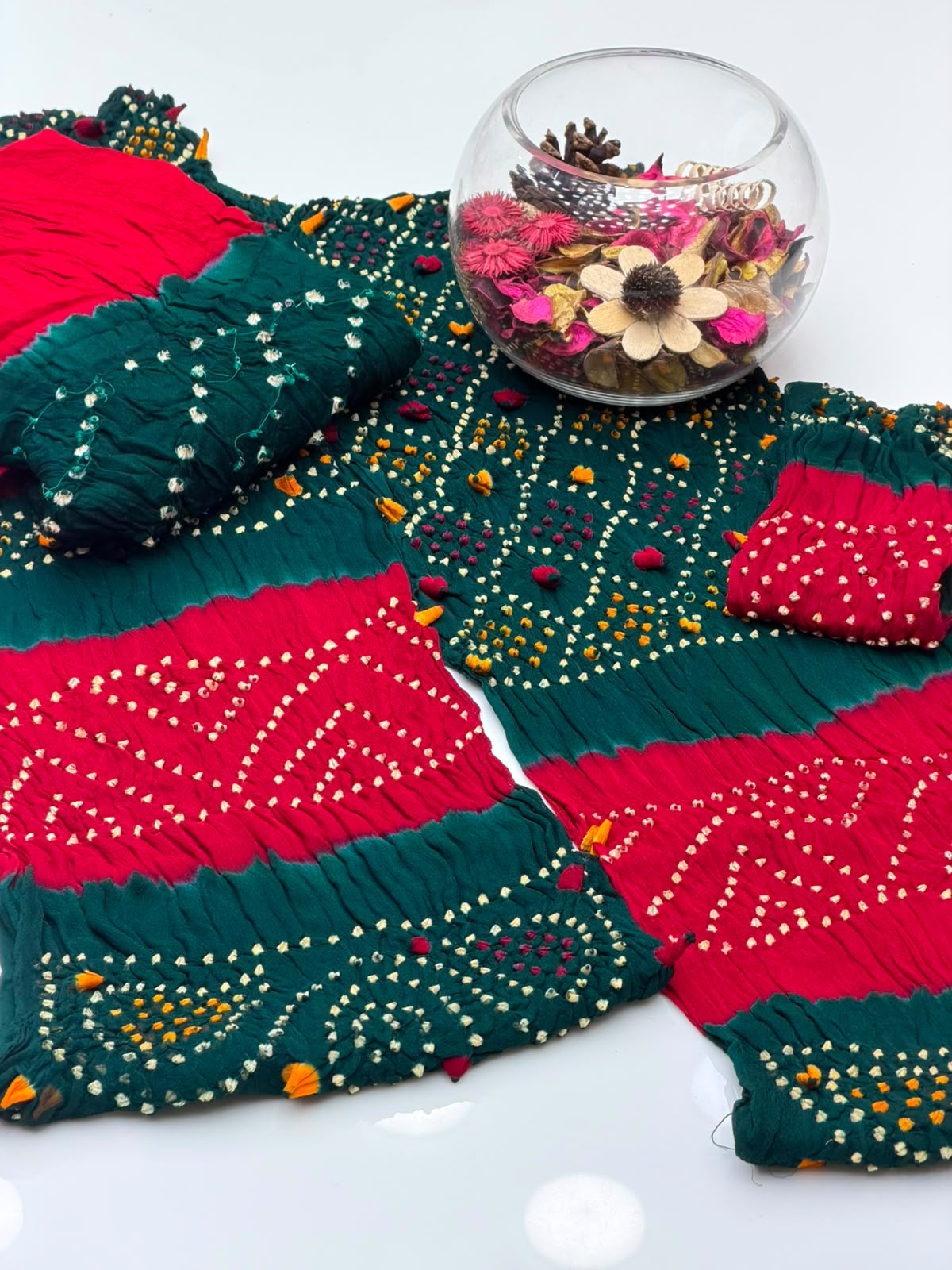 Handmade Rajasthani Chunri Chiffon Shirt & Dupatta with Linen Chunri Trouser | 4-Piece Suit