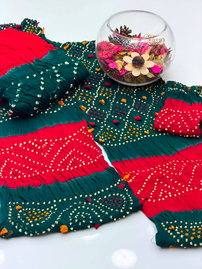 Handmade Rajasthani Chunri Chiffon Shirt & Dupatta with Linen Chunri Trouser | 4-Piece Suit