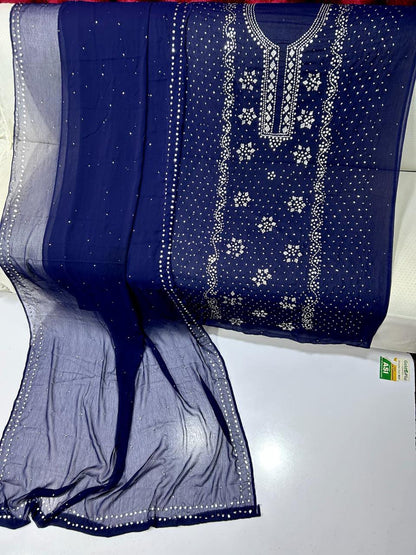 Pure Chiffon Handcrafted Mukesh & Kamdani Jaal Work Shirt with Four-Side Border Dupatta