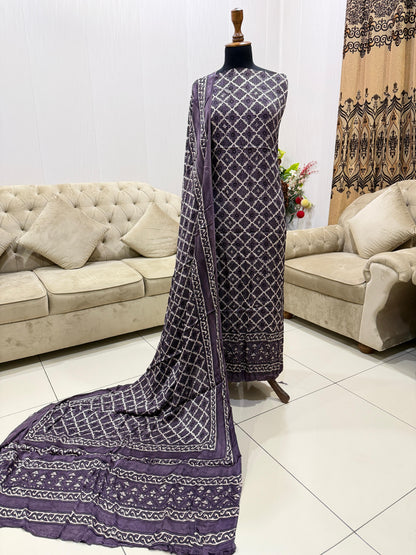Pure Shamoz Silk Block Print & Chunri Print Wedding Wear Suit | 3-Yards Shirt & Dupatta