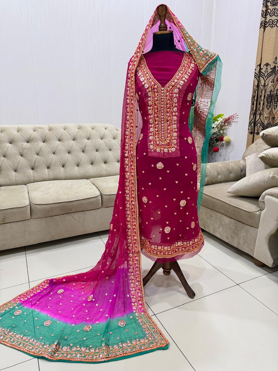 Handcrafted Pure Chiffon Gotta Work 2-Piece Suit | Heavy Jaal Shirt & Dupatta