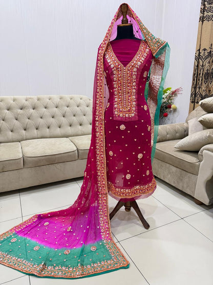 Handcrafted Pure Chiffon Gotta Work 2-Piece Suit | Heavy Jaal Shirt & Dupatta