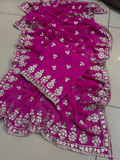 Handmade LCD Gotta Work Soft Bamber Chiffon Shirt & Dupatta | Dual-Sided Embroidery
