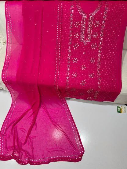 Pure Chiffon Handcrafted Mukesh & Kamdani Jaal Work Shirt with Four-Side Border Dupatta