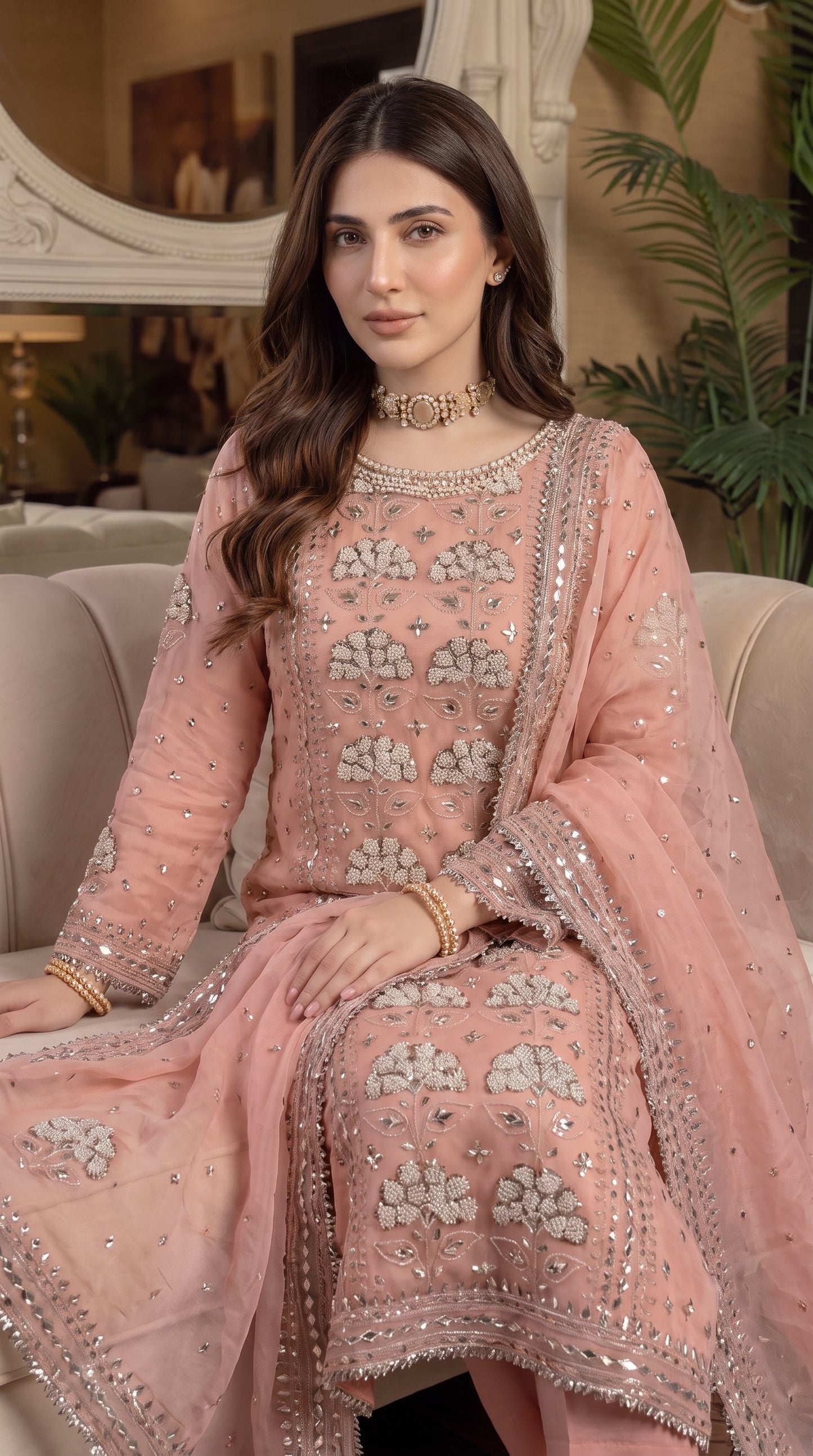 Pure Organza Rose Gold Gota & Cut Moti 2pc Suit