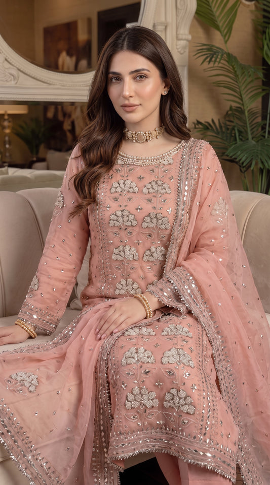 Pure Organza Rose Gold Gota & Cut Moti 2pc Suit