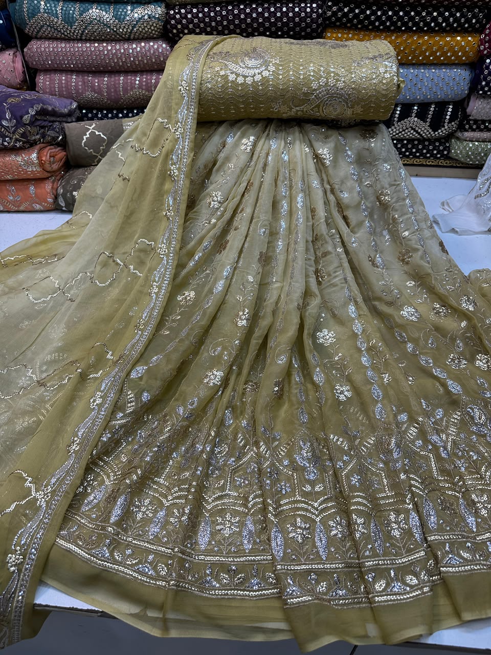 Tie & Dye Chiffon Lehenga Set with Katori Sequence Work & Heavy Choli | 3-Piece Unstitched