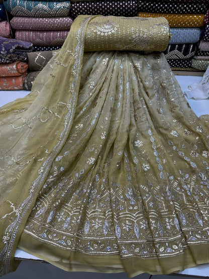 Tie & Dye Chiffon Lehenga Set with Katori Sequence Work & Heavy Choli | 3-Piece Unstitched