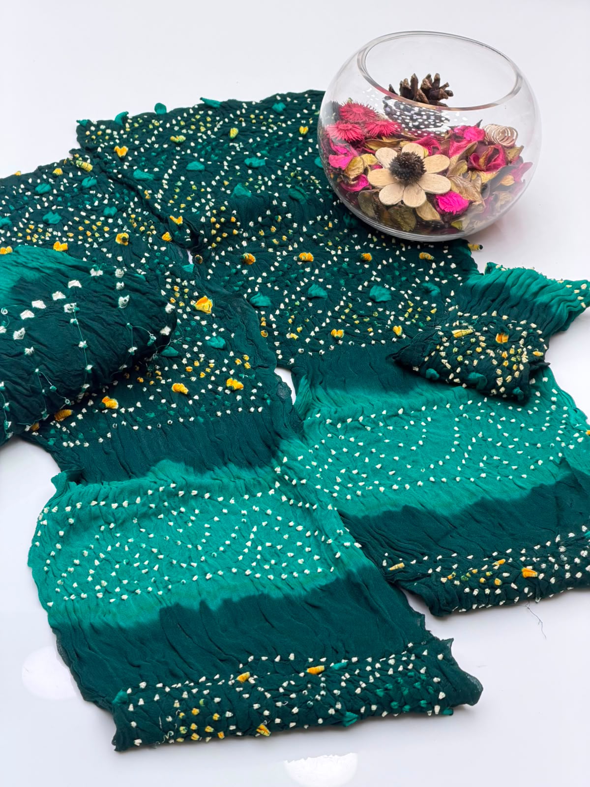Handmade Rajasthani Chunri Chiffon Shirt & Dupatta with Linen Chunri Trouser | 4-Piece Suit